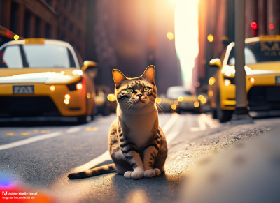 firefly cat on a street  warm backlight  urban background new york with yellow taxis  bokeh  streetphotography photo backlighting hyper realistic