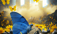 dall e 2023 02 25.17.44   a whimsical  dreamy image of a blue pigeon photographed by annie leibowitz sitting on rubble surrounded by magical yellow butterflies by diane arbus  