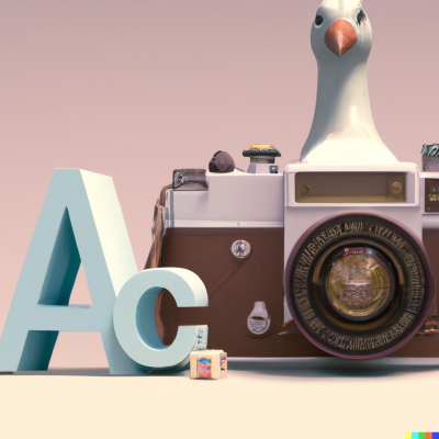 dall e 2023 02 28 13.15.01  d renderof a camera with a pattern of the letters a and i in the style of gisele freund taking a picture of a peace pigeon in front of the camera in