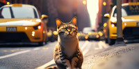 firefly cat on a street  warm backlight  urban background new york with yellow taxis  bokeh  streetphotography photo backlighting hyper realistic