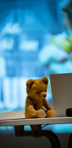 alter Teddy neben einem Laptop alter Teddy neben einem Laptop
