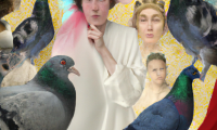 dall e 2023 02 24.09.16   a whimsical  dreamy image of a pigeon photographed by annie leibowitz surrounded by magical creatures photographed by diane arbus and enchanted lands