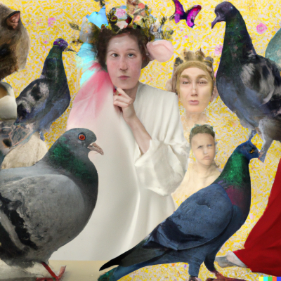 dall e 2023 02 24.09.16   a whimsical  dreamy image of a pigeon photographed by annie leibowitz surrounded by magical creatures photographed by diane arbus and enchanted lands