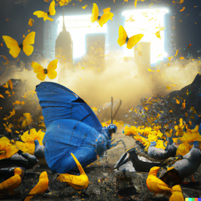 dall e 2023 02 25.17.44   a whimsical  dreamy image of a blue pigeon photographed by annie leibowitz sitting on rubble surrounded by magical yellow butterflies by diane arbus  