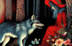 dall e 2023 02 25.12.31   a whimsical fairy tale illustration of a dark pine forest with fantastical flowers  red cap meets the wolf both look at each other  super detailed  in