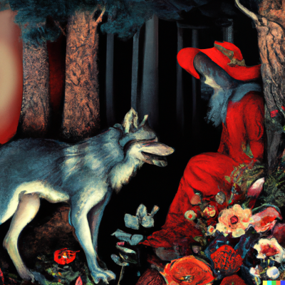 dall e 2023 02 25.12.31   a whimsical fairy tale illustration of a dark pine forest with fantastical flowers  red cap meets the wolf both look at each other  super detailed  in