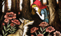 dall e 2023 02 25.12.55   a whimsical fairy tale illustration of a dark pine forest with fantastical flowers  red cap meets the wolf both look at each other  super detailed  in