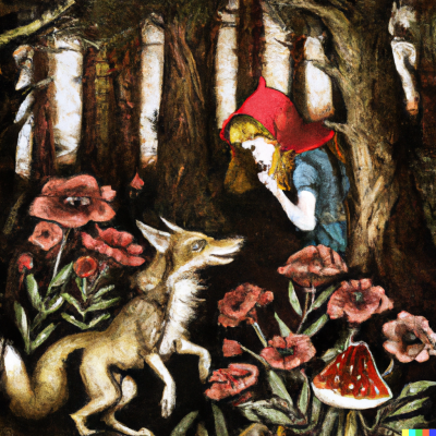 dall e 2023 02 25.12.55   a whimsical fairy tale illustration of a dark pine forest with fantastical flowers  red cap meets the wolf both look at each other  super detailed  in
