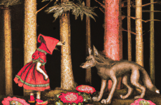 dall e 2023 02 25.16.46   a whimsical fairy tale illustration of a dark pine forest with fantastical flowers  red cap meets the wolf both look at each other  super detailed  in
