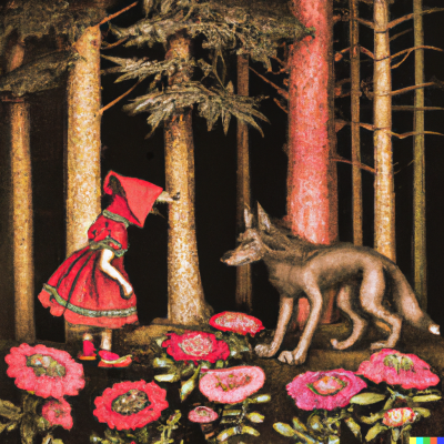 dall e 2023 02 25.16.46   a whimsical fairy tale illustration of a dark pine forest with fantastical flowers  red cap meets the wolf both look at each other  super detailed  in