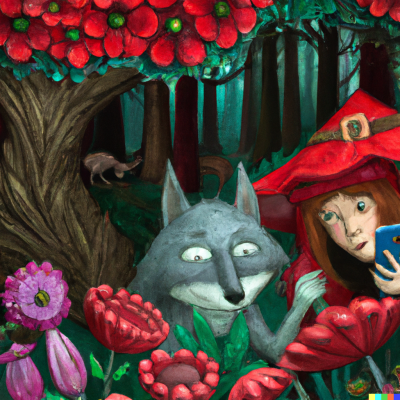 dall e 2023 02 25.42.30   a whimsical fairy tale illustration of red cap taking a selfie with the wolf in a dark pine forest with fantastical flowers super detailed in the styl76