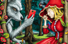 dall e23 02 25 18.47.38   a whimsical fairy tale illustration of red cap taking a selfie with a wolf in a dark pine forest with fantastical flowers super detailed in the style