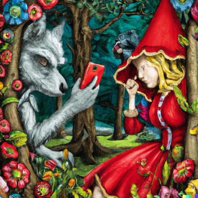 dall e23 02 25 18.47.38   a whimsical fairy tale illustration of red cap taking a selfie with a wolf in a dark pine forest with fantastical flowers super detailed in the style