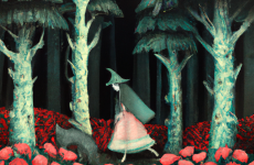 dall e 2023 02 25.00.24   a whimsical fairy tale illustration of a dark pine forest with fantastical flowers  red cap and the wolf in the style of kate greenaway