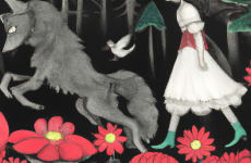 dall e 2023 02 25.00.46   a whimsical fairy tale illustration of a dark pine forest with fantastical flowers  red cap and the wolf in the style of kate greenaway
