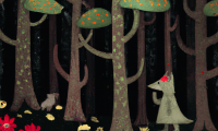 dall e 2023 02 25.01.22   a whimsical illustration of a dark pine forest with fantastical flowers  red cap and the wolf in the style of kate greenaway