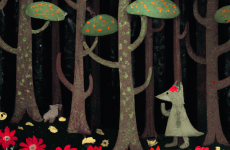 dall e 2023 02 25.01.22   a whimsical illustration of a dark pine forest with fantastical flowers  red cap and the wolf in the style of kate greenaway