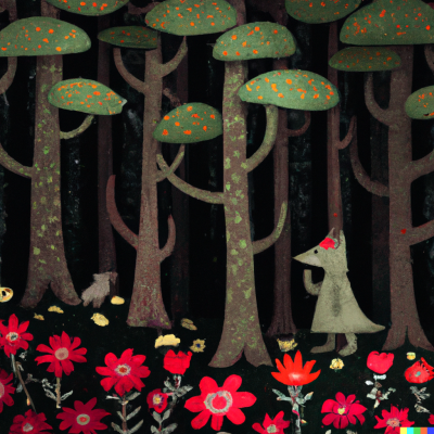 dall e 2023 02 25.01.22   a whimsical illustration of a dark pine forest with fantastical flowers  red cap and the wolf in the style of kate greenaway