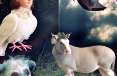 dall e 2023 02 25.07.24   a whimsical  dreamy image of a pigeon photographed by annie leibowitz surrounded by magical creatures photographed by diane arbus and enchanted lan