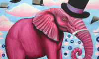 dall e 2023 02 28.12.21   a massive mural of a pink elephant wearing a bowler hat and monocle  surrounded by flying birds and whimsical clouds  in the style of ursula vernon.
