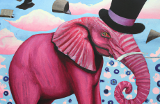 dall e 2023 02 28.12.21   a massive mural of a pink elephant wearing a bowler hat and monocle  surrounded by flying birds and whimsical clouds  in the style of ursula vernon.