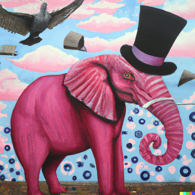 dall e 2023 02 28.12.21   a massive mural of a pink elephant wearing a bowler hat and monocle  surrounded by flying birds and whimsical clouds  in the style of ursula vernon.