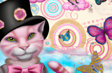 dall e 2023 02 28.12.49   a massive mural of a pink cat wearing a bowler hat  surrounded by flying butterflies and whimsical clouds  in the style of ursula vernon.
