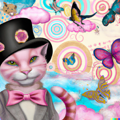 dall e 2023 02 28.12.49   a massive mural of a pink cat wearing a bowler hat  surrounded by flying butterflies and whimsical clouds  in the style of ursula vernon.