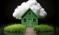 firefly komplette schwarze wand   kleine weisse wattewolked  kleines altes gruenes holzhaus mit teic