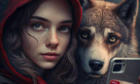 Midjourney: Redcap takes a selfie with the wolf