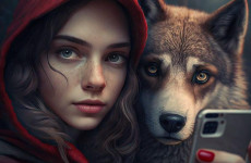 Midjourney: Redcap takes a selfie with the wolf