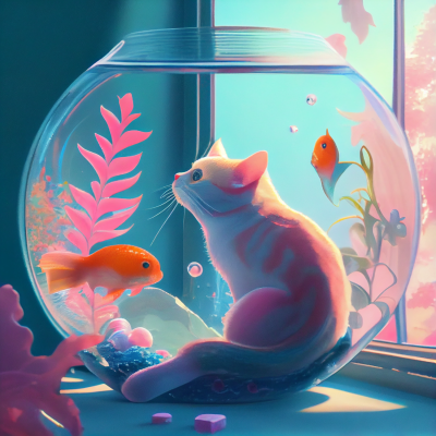 Cat inside the fish-bowl. Generierung mit Midjourney 4.