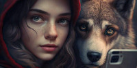 Midjourney: Rotkäppchen macht ein Selfie mit dem Wolf.